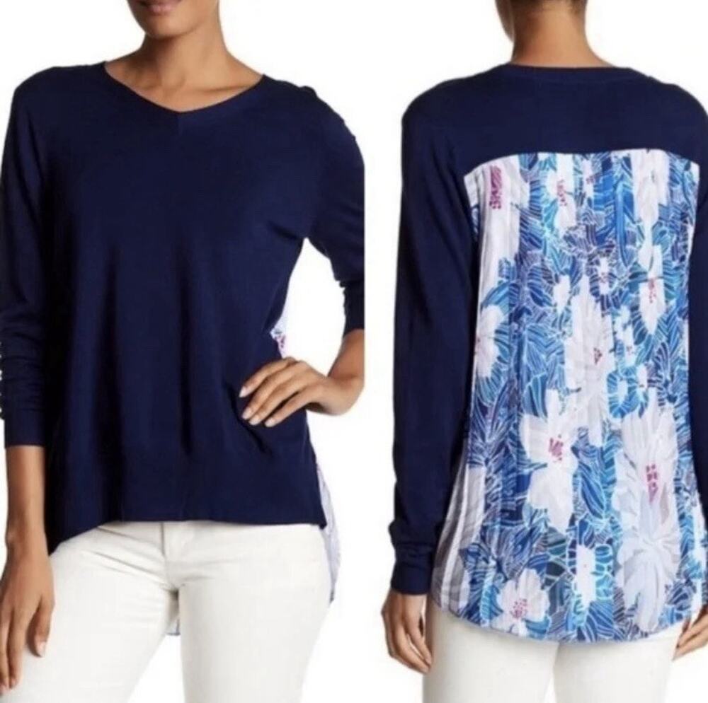 Robert Graham Dada Pleated Floral Mixed Media Navy V-Neck Sweater M